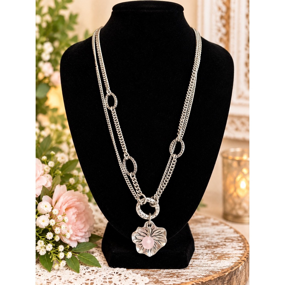 Silver Tone Double Strand Curb Chain Pink Bead Flower Pendant Necklace